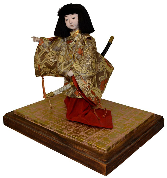 Japanese antique doll of a Boy Courtier with tachi sword. The Black Samurai Online Store