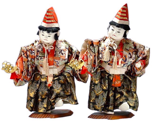 japanese antique boys dolls in high striped hats