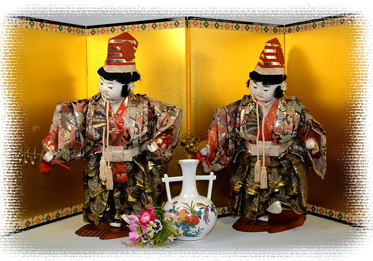 Japanese Antique  Twin Boys Dolls Dancers with bells in their hands, Meiji era