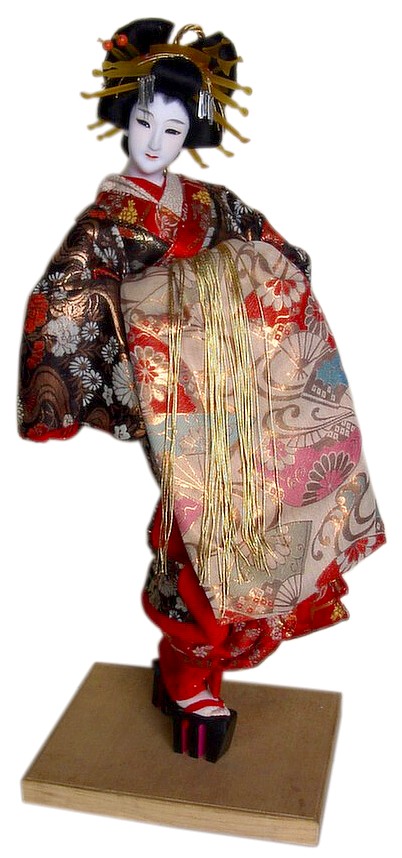 japanese antique silk faced OIRAN doll with intricate kimono garment