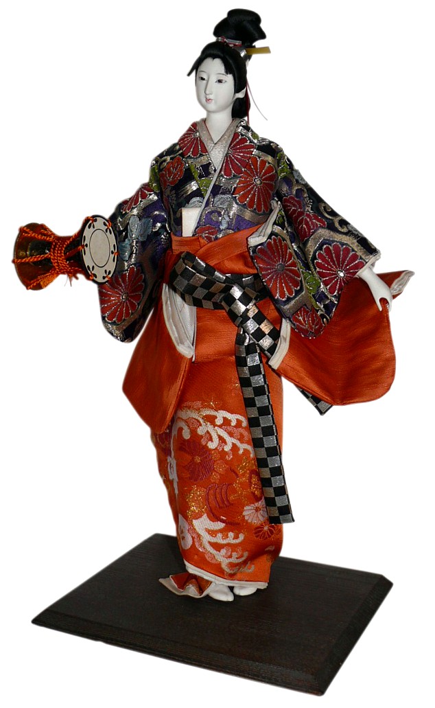 Japanese traditional doll og a geisha with small drum kotsuzumi, 1950's