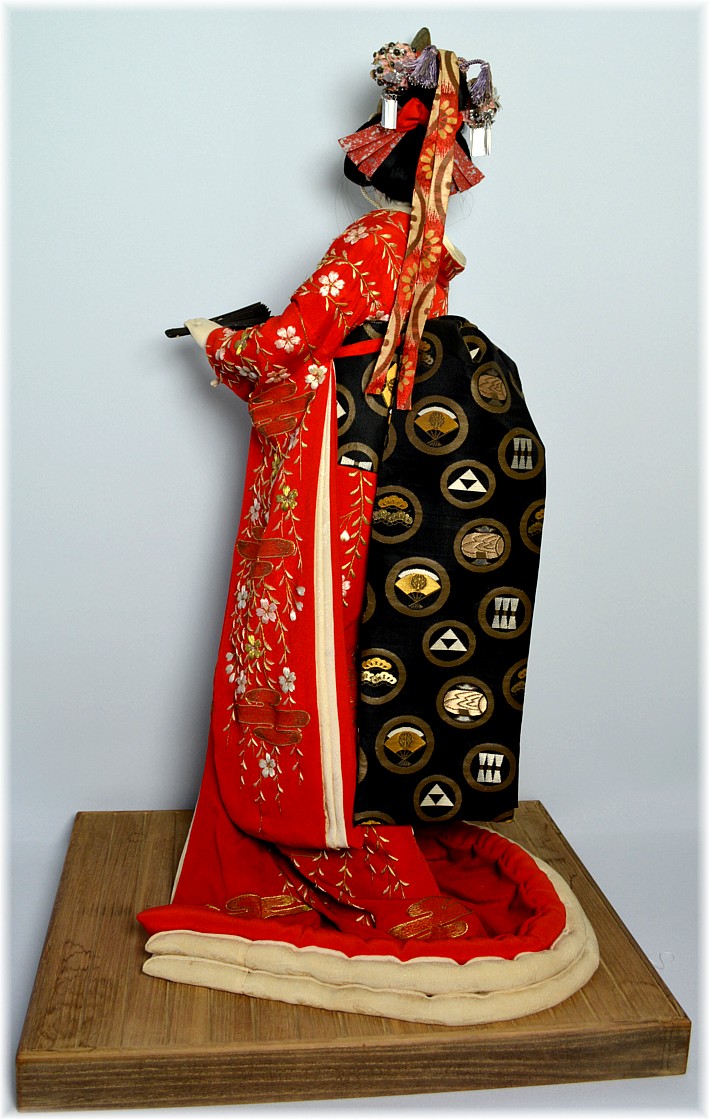 japanese antique silk face doll with court's golden high hat 