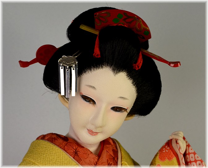 Japanese antique silk face doll in hand-painted kimono, 1950's