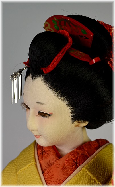 Japanese antique silk face doll in hand-painted silk kimono, 1950's