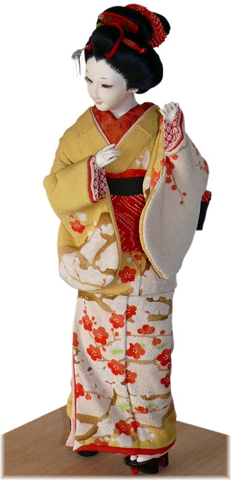 Japanese silk face doll in hand-painted silk kimono, 1950's