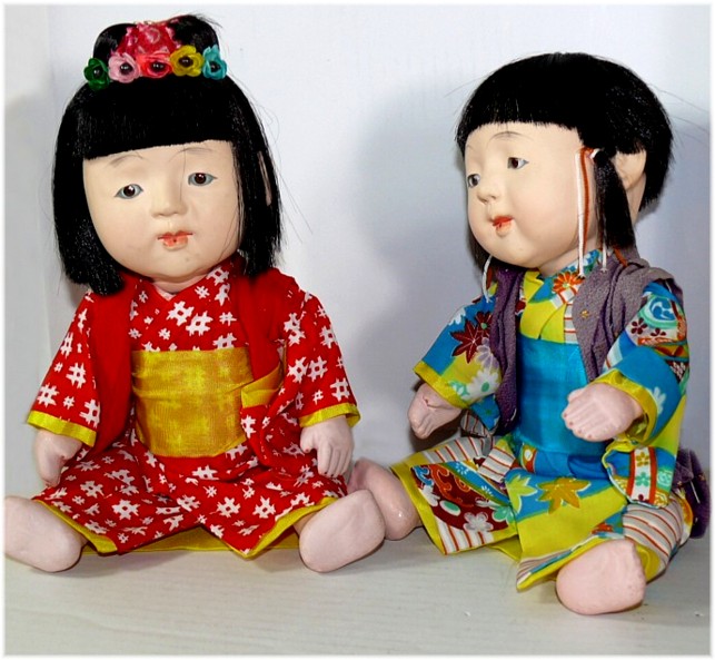 Japanese antique pair of Ichimatsu dolls  of  Kiddies, 1920-30's