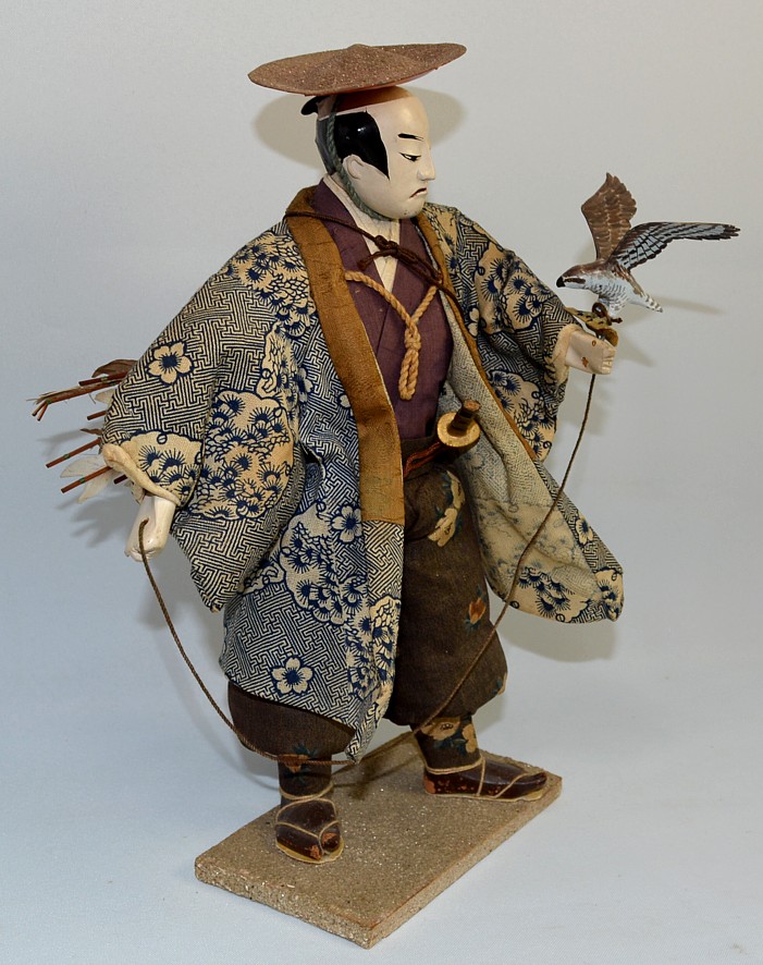 japanese antique wooden carved dool o fa  Nobleman at hunting with falcon on his hand, 1850's
