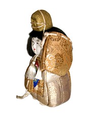 Japanese kimekomi Doll of a Palace's Boy with folding fan in his hand, 1930's