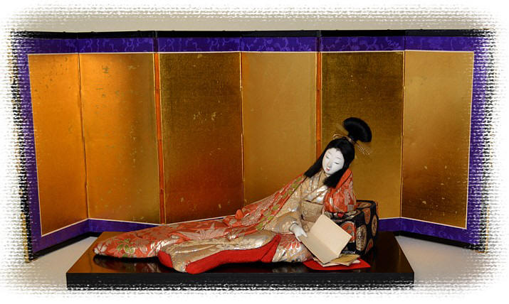 japanese antique doll of a noble lady reading a book, 1930's