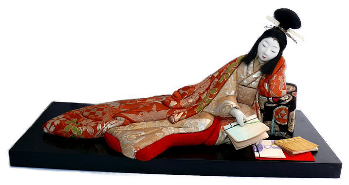 japanese antique doll of a lady with books, 1930's