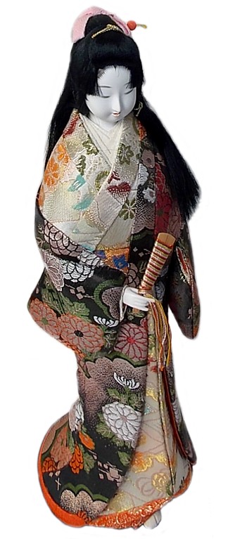 japanese traditional  doll of a long hair beauty with cypress fan in her hand