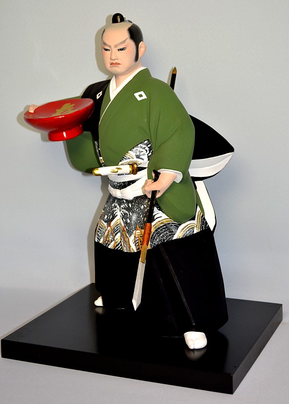 samurai warrior with spear and cup, japanese hakata figurine