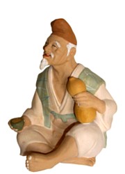 japanese hakata clay figurine of old man with sake cup, 1950's