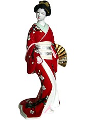 geisha in red kimono, Japanese Hakata ceremic figurine, 1980's