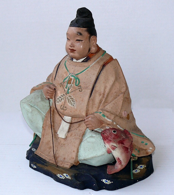 Japanese Hakata doll of Ebisu with fish. The Black Samurai Online Store