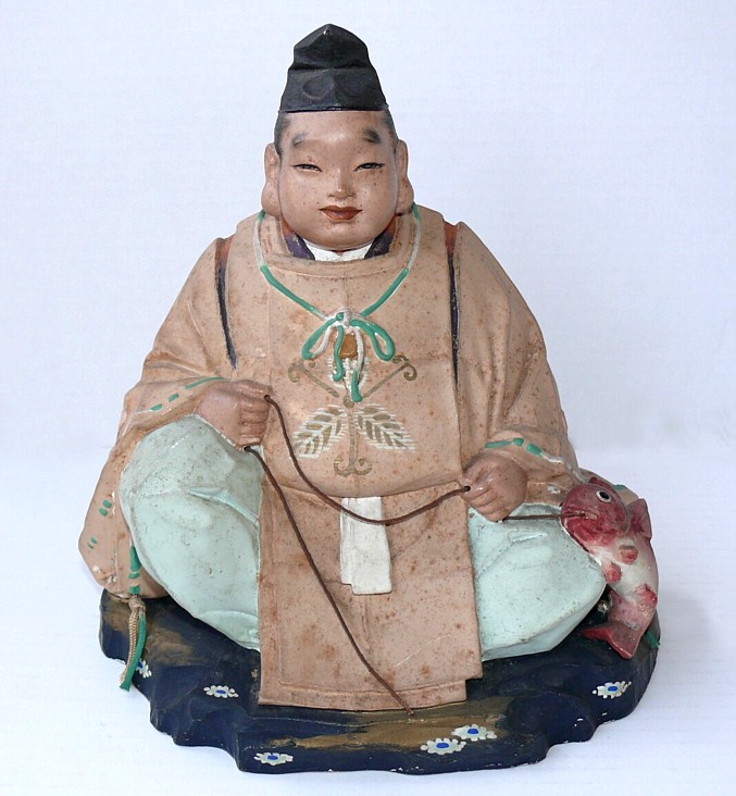 Ebisu, Japanese Deity of Good Fortune,  antique clay figurine