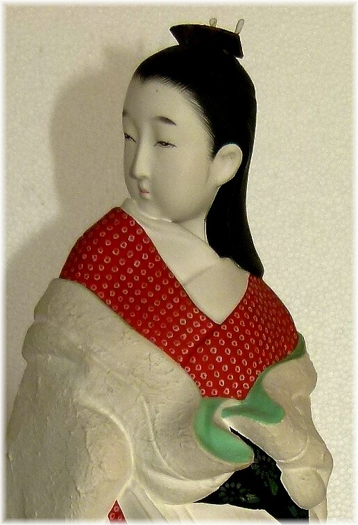 japanese hakata doll of a long-hair beauty in white and red kimonos, 1930's
