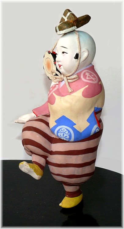 japanese hakata clay doll of a little  boy-dancer with small drum in his hand
