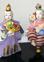 Japanese Hakata clay doll of two boys-dancers, 1930. The Black Samurai Online Store