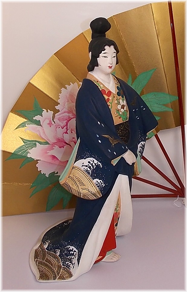 japanese antique hakata clay doll and traditional hand painted japanese fan