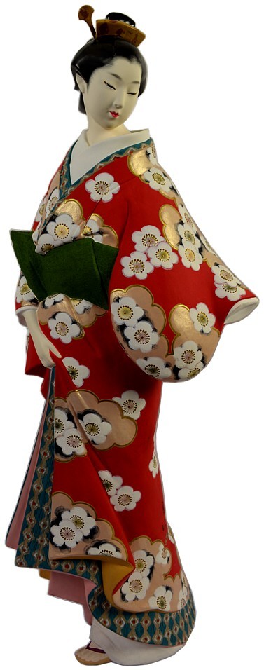 japanese ceramic doll of a young woman in red kimono with cherry blossom motif, 1980's