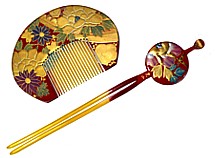 japanese hair adornment set of a comb and hair-pin, hand painted and gilded