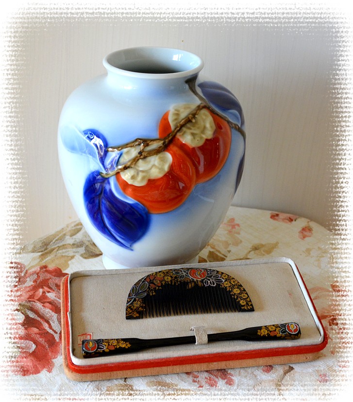 japanese porcelain vase with persimmon design and antique hair adornment set
