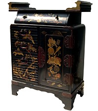 Japanese antique wooden carved and hand painted cabinet, Meiji era