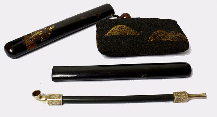 Japanese antique tobacco poach with pipe case and smoking pipe, late Edo period