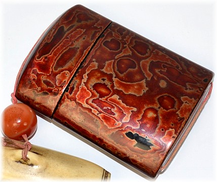 japanese antique smoking set details: lacquered tobacco poach SAGEMONO