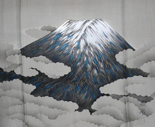 Mt. Fuji, japanese painting on man's silk kimono back