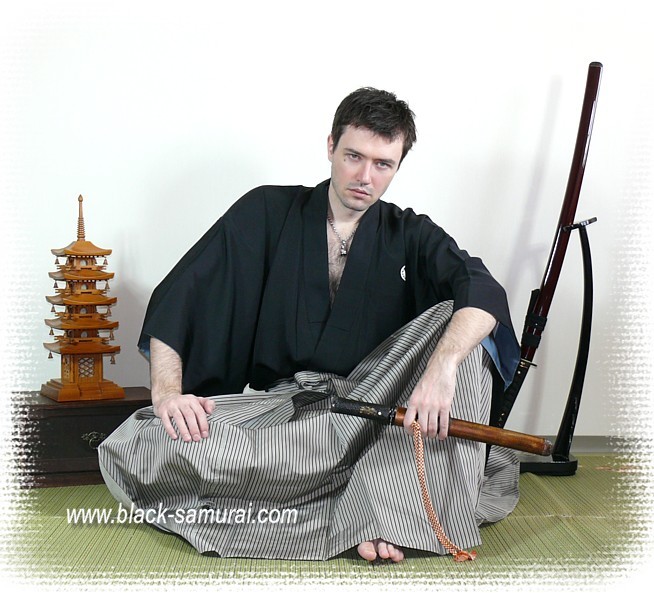 japanese man's traditional black montsuki kimono, vintage