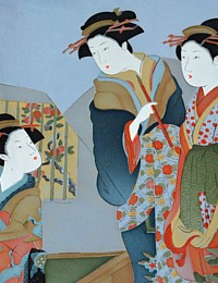 japanese man's traditional silk kimono with hand painted ukiyo-e motif on kimono back, vintage