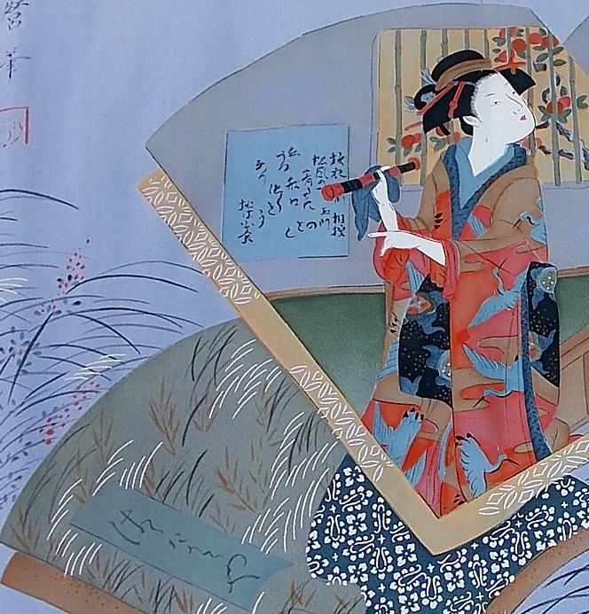 ukiyo-e style design on japanese man's silk antique kimono