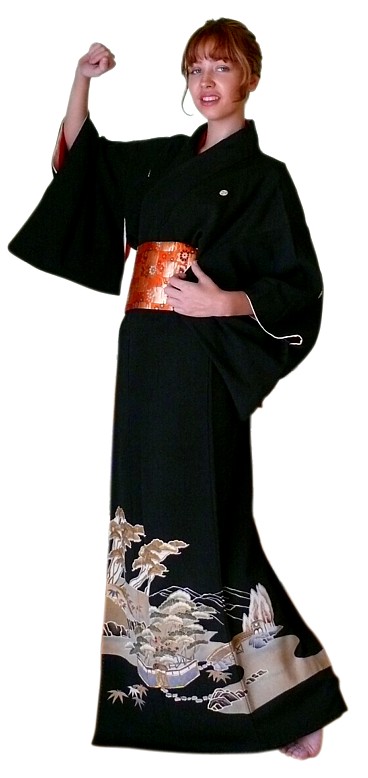 japanese woman's formal black silk kimono with hand paiting and embroidering