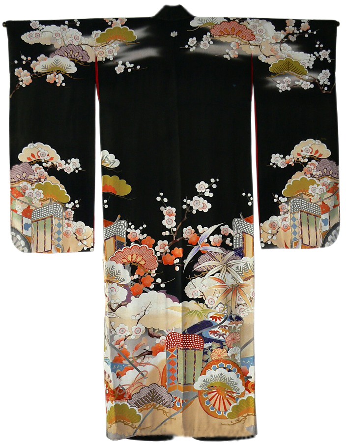 Japanese lady's silk antique kimono with hand painted palace carts and cherry blossom motif, 1920's