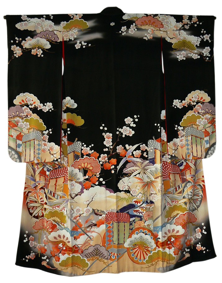 Japanese lady's silk antique kimono with hand painted palace carts and cherry blossom motif, 1920's