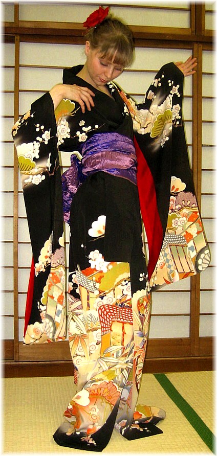 japanese antique black silk kimono with family mon