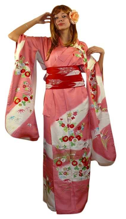 Japanese traditional silk embroidered kimono