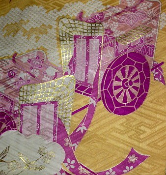 japanese silk kimono with hand painting Palace Carts motif
