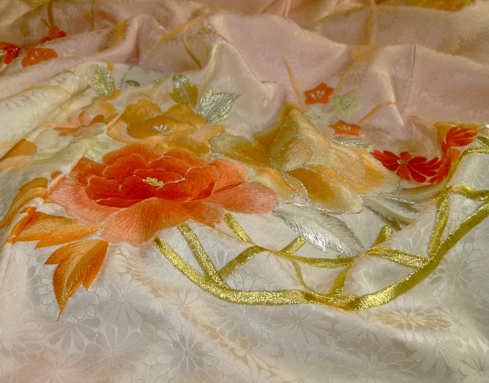 japanese antique silk kimono detail of hand embroidery