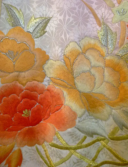 detai of embroidery on japanese silk kimono