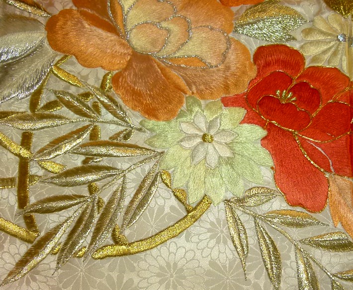 japanese antique silk kimono detail of hand embroidery