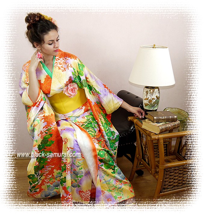 japanese woman's  silk vintage kimono with very long sleeves