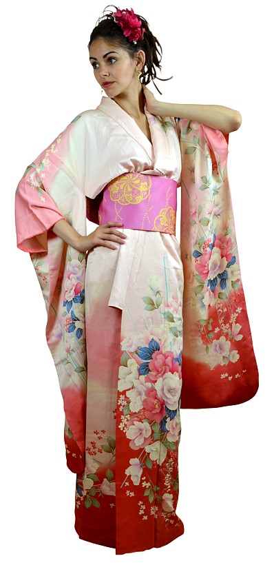 japanese traditional silk festive kimono FURISODE, vintage