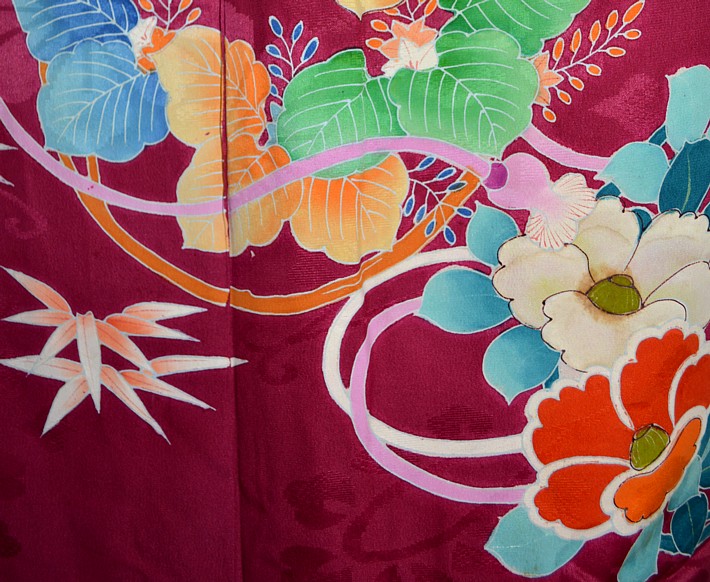 detail of hand painting on japanese silk antique kimono