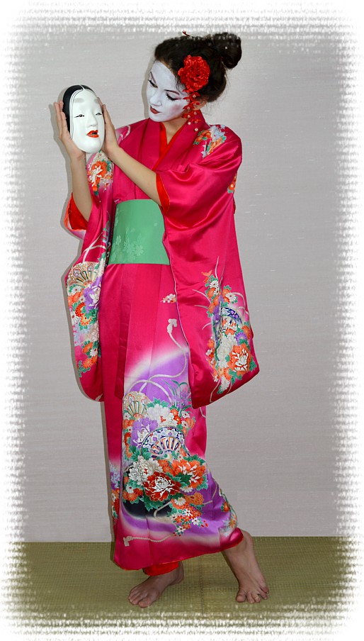 young woman's silk kimono antique and modern obi belt