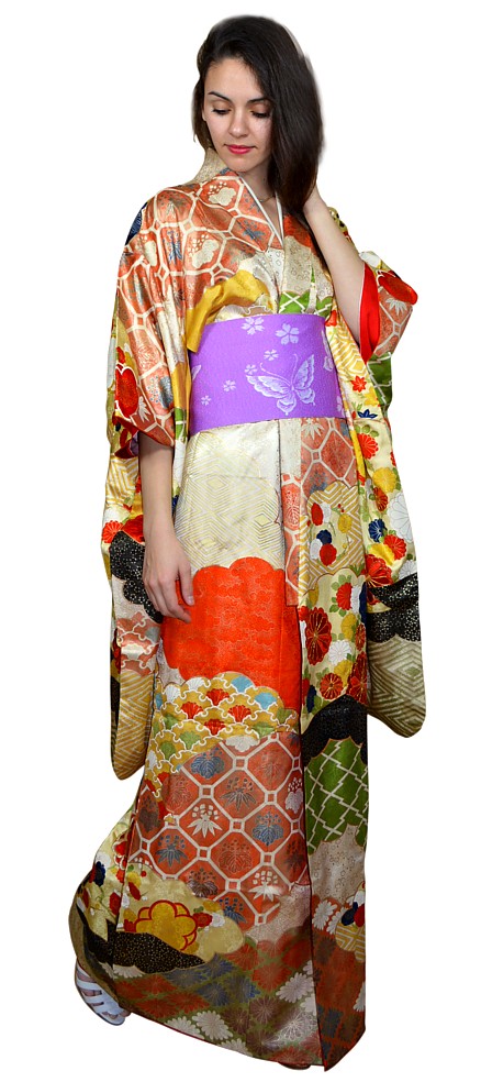 japanese lady's silk festive kimono furisode, vintage