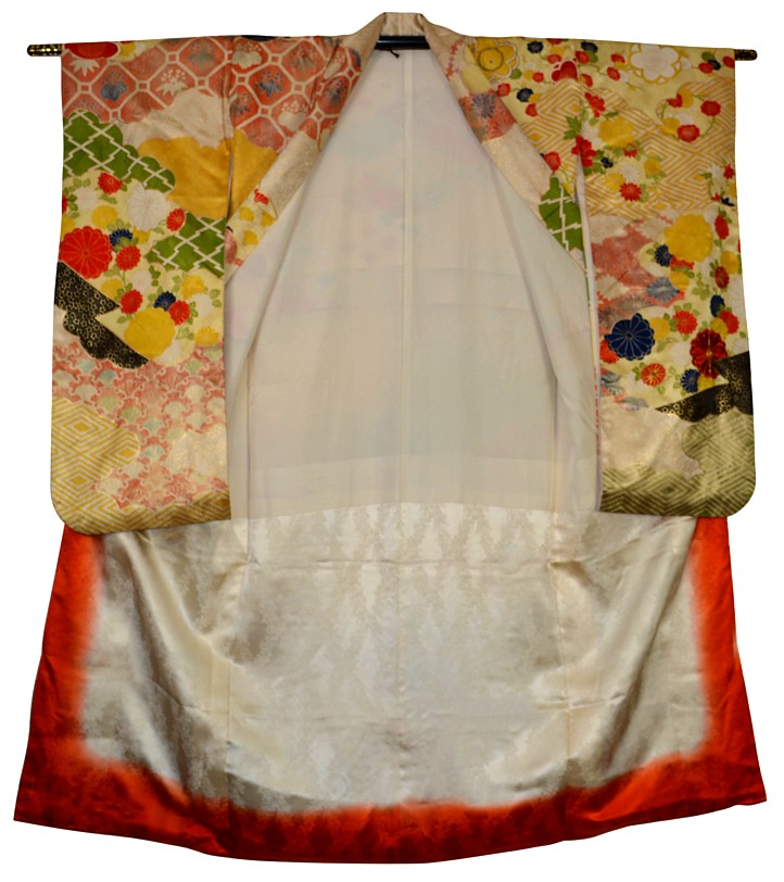 japanese traditional silk furisode with hand painting and embrorery, vintage