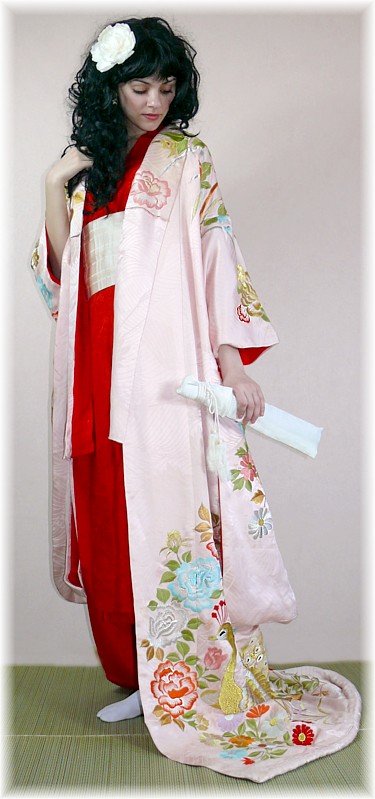 Japanese silk embroidered antique kimono, 1950's